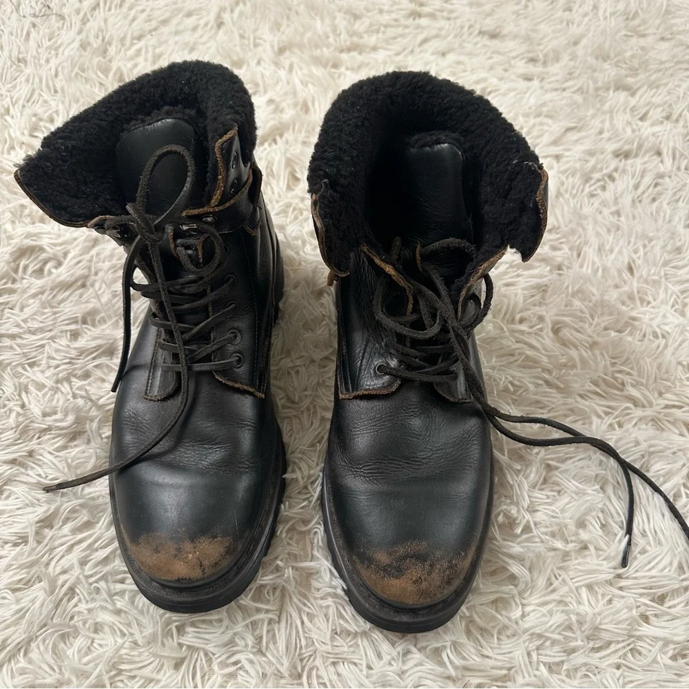 All Saints Lace Up Shearling Black Distressed Leather Boots size 44/11